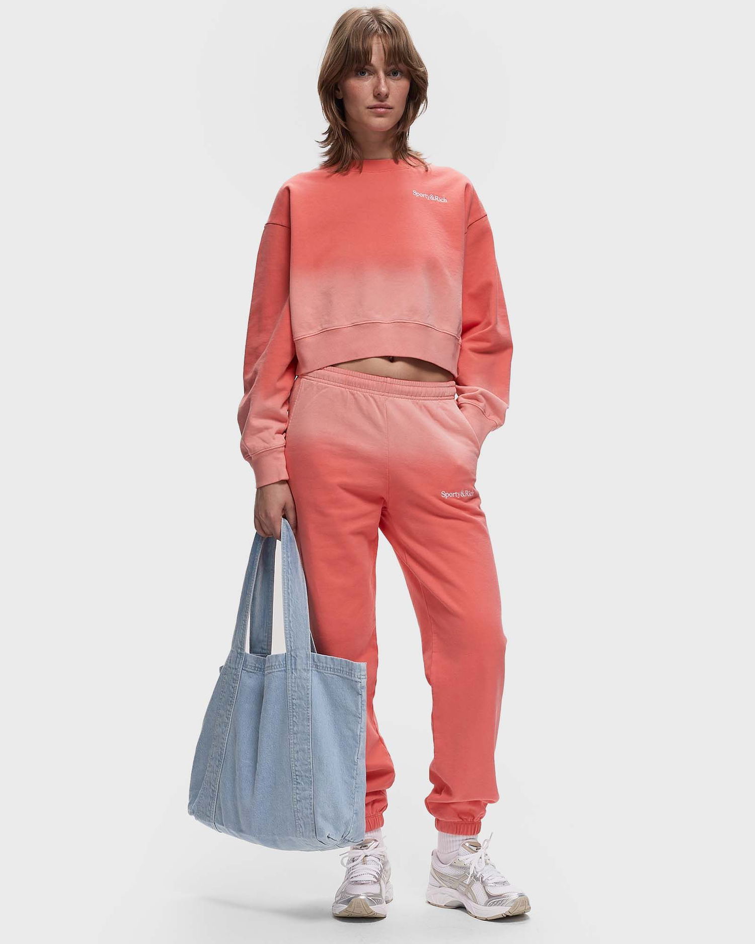 Sweatshirt Sporty & Rich Serif Logo Embroidered Cropped Dip Dye Crewneck Sweatshirt Lyserød | WS065S413SP, 1