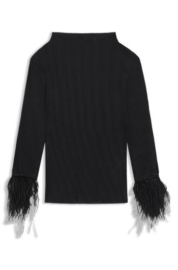 Sweater BOSS Plissé Jacquard Top with Detachable Feather Cuff Trims Sort | 50548647