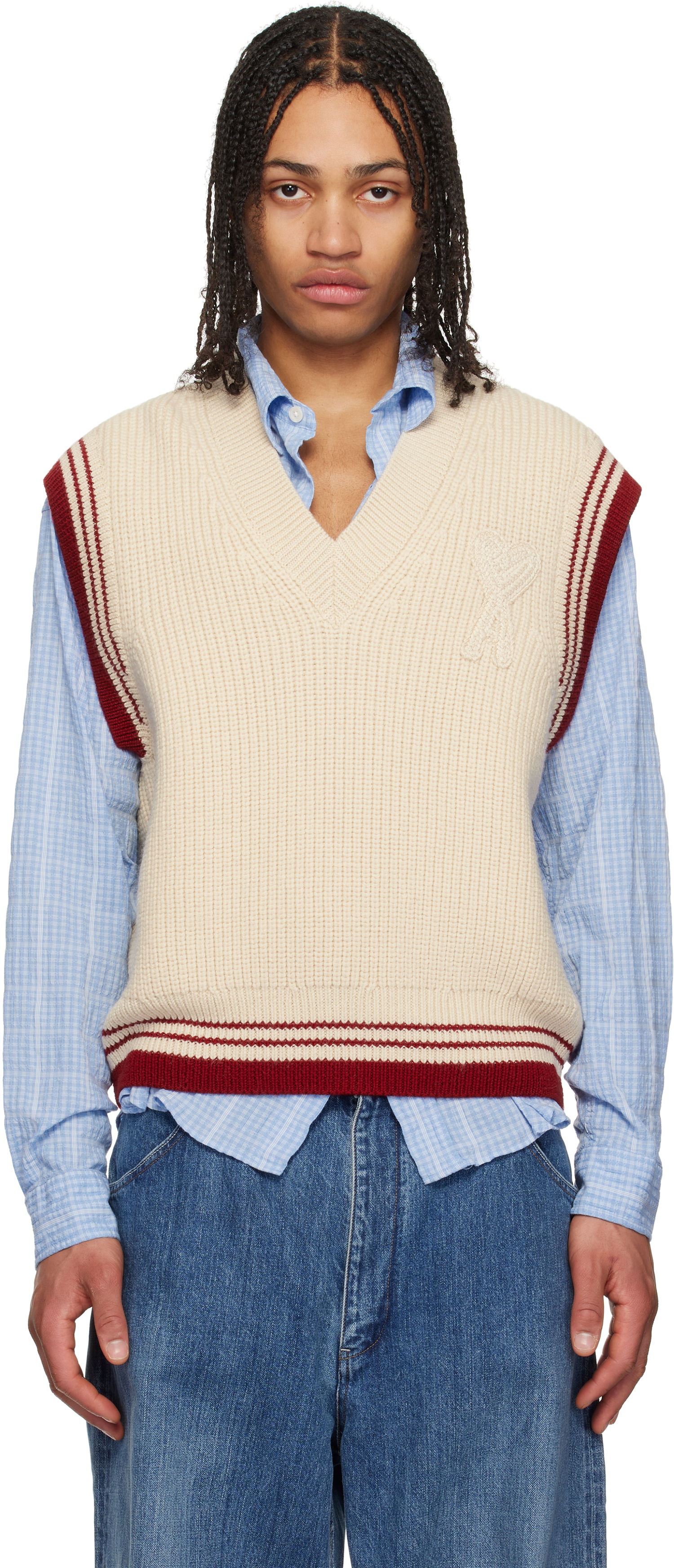 Sweater AMI AMI Paris Wool Ribbed V-Neck Vest Beige | UKS768.KN0068, 0