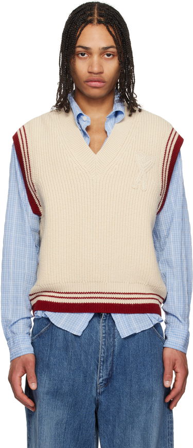 Sweater AMI AMI Paris Wool Ribbed V-Neck Vest Beige | UKS768.KN0068, 0