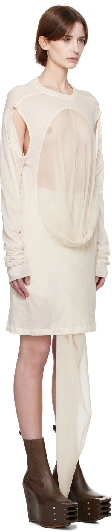 Kjole Rick Owens Rick Owens Draped Long Sleeve T-Shirt Beige | RP01E7205 UCS, 1