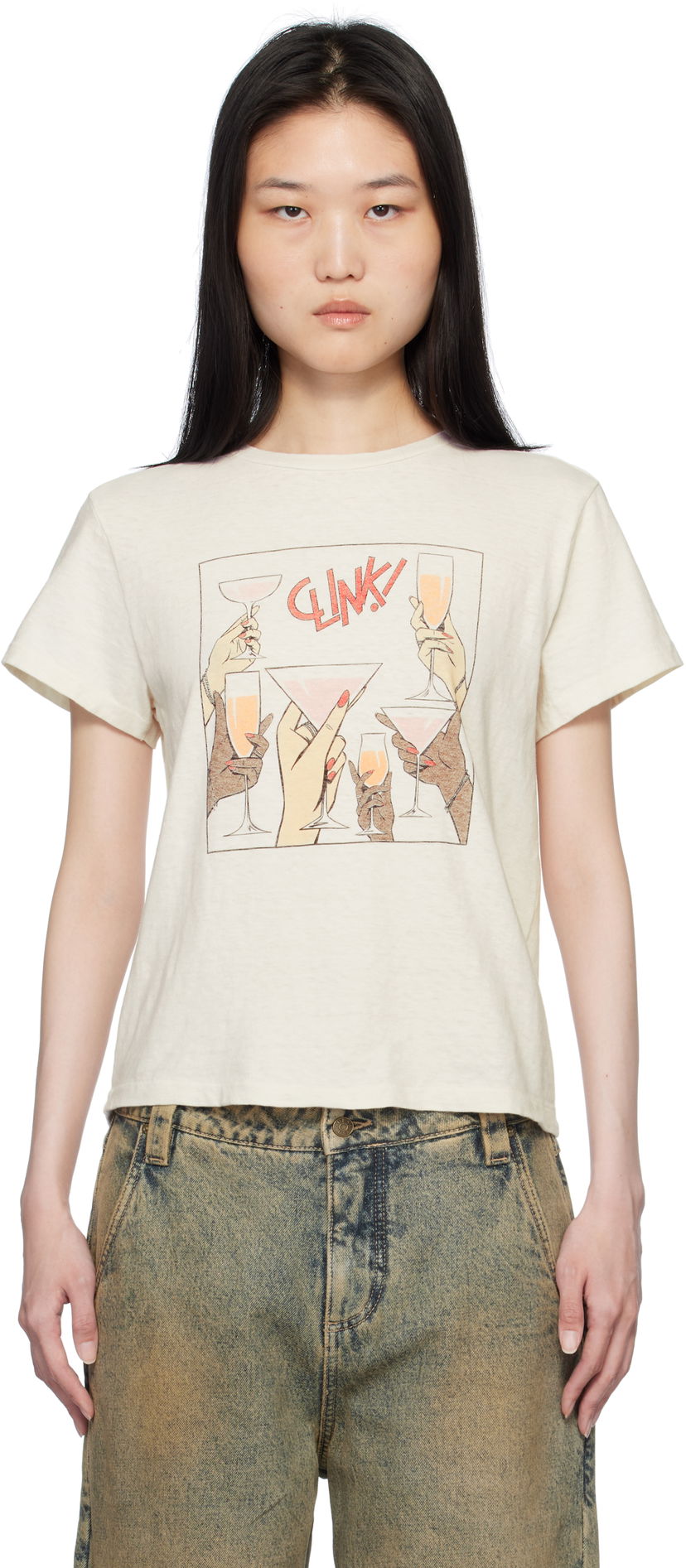 T-shirt RE/DONE Classic 'Cheers' Graphic Print T-Shirt Beige | 024-02WCGT314