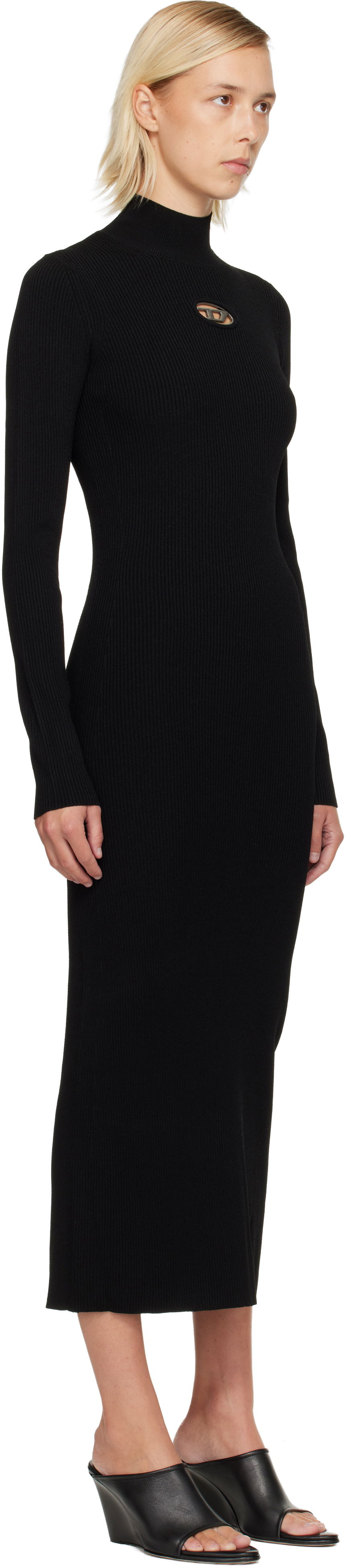 Kjole Diesel Ribbed knit long-sleeve mock neck maxi dress with metallic cut-out Sort | A14186 0DLAX, 1