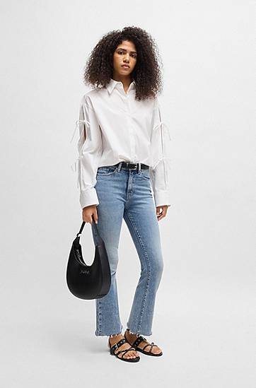 Skjorte BOSS Oversized Cotton Blouse with Sleeve Bows Hvid | 50538440, 1