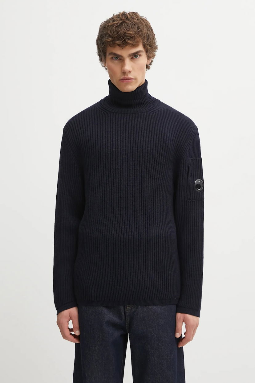 Sweater C.P. Company Ribbed Wool Blend Turtleneck Sweater with Sleeve Pocket Mørkeblå | 19CMKN220A006595A