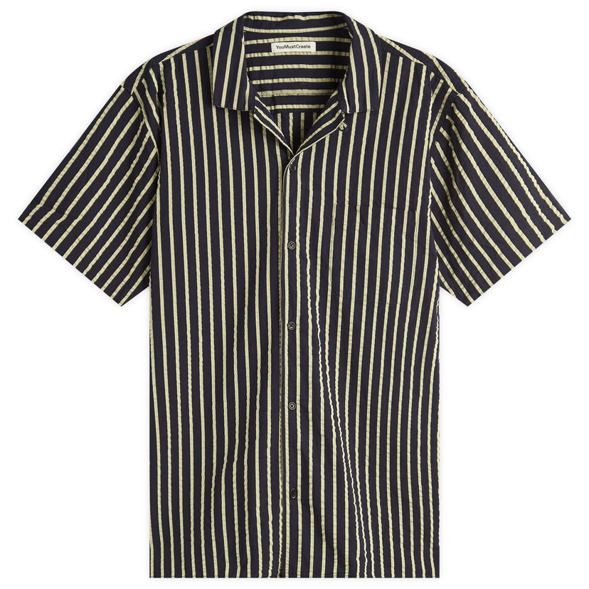 Skjorte YMC YMC Malick Seersucker Stripe Vacation Shirt, Size Large Mørkeblå | P2YMG-40