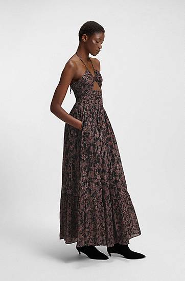 Kjole BOSS Metallic Print Halter Maxi Dress Sort | 50538359, 1