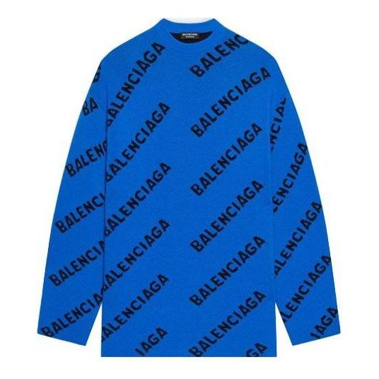 Sweater Balenciaga All Over Logo Crewneck Knit Sweater Blå | 657400T15673964, 0