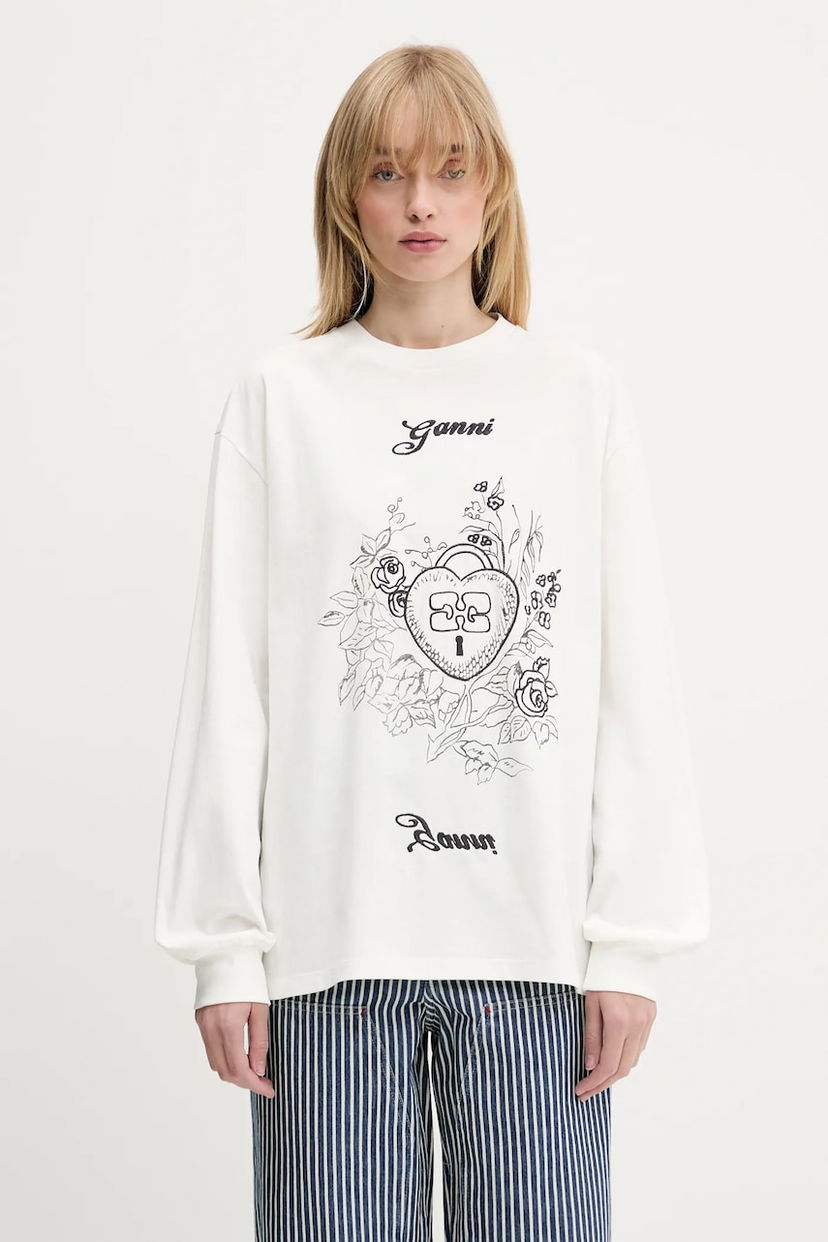 Sweatshirt GANNI GANNI Re-cut Heavy Jersey Charm Long Sleeve T-Shirt Hvid | T4139
