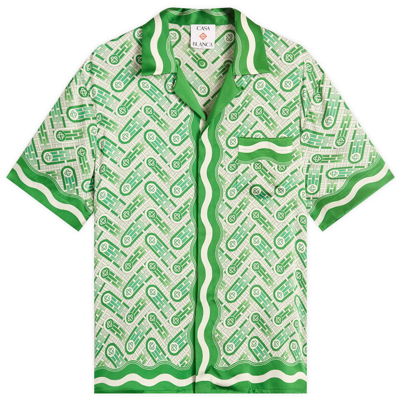 Skjorte Casablanca Casablanca Cuban Collar Short Sleeve Silk Shirt, Size Large Grøn | MPF25-SH-003-10