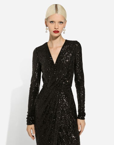 Kjole Dolce & Gabbana Sequin Calf-Length Dress Sort | F6DHFTFLUBWN0000, 3
