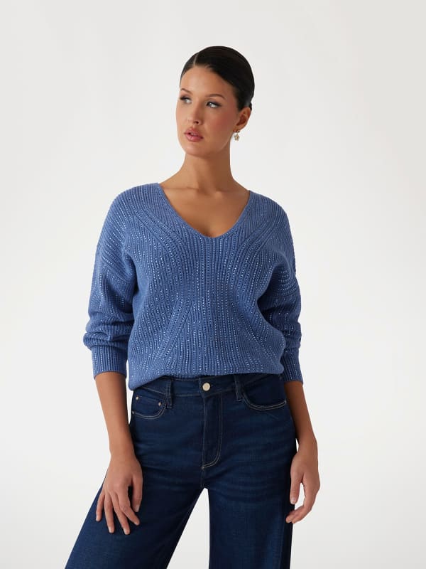 Sweater GUESS V-Neck Sweater with Rhinestone Details Blå | W5RR03Z3K70