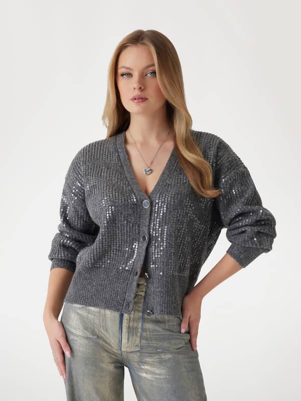 Sweater GUESS Sequined Wool Blend Cardigan Grå | W4BR44Z3J92, 0