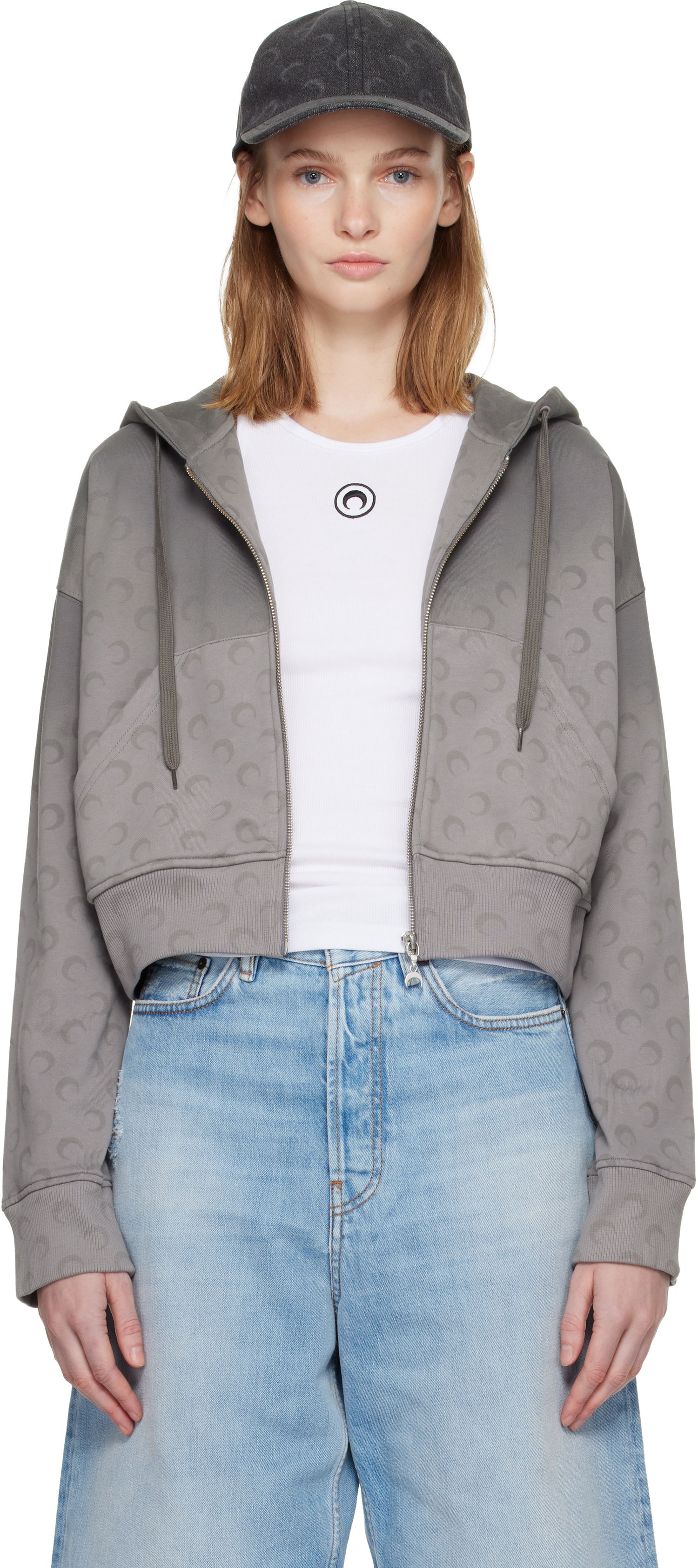 Sweatshirt Marine Serre Marine Serre Faded Moon Fleece Cropped Zipped Hoodie Grå | WST019ACJER0073, 0