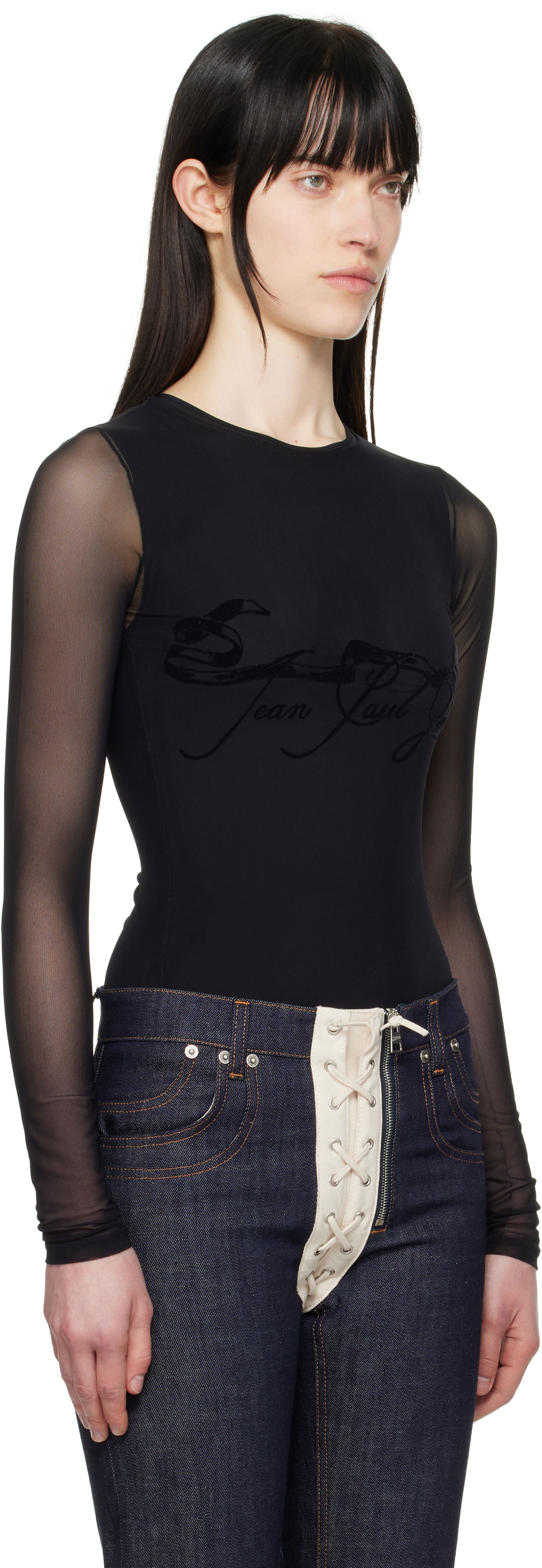Krop Jean Paul Gaultier Jean Paul Gaultier Flocked Tattoo Ruban Mesh Long Sleeve T-Shirt Sort | 25/34-F-TO281I-T005-00, 1