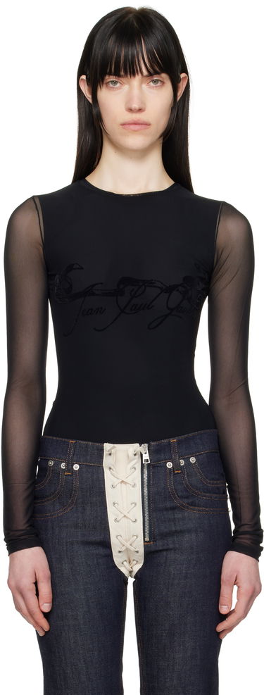 Krop Jean Paul Gaultier Jean Paul Gaultier Flocked Tattoo Ruban Mesh Long Sleeve T-Shirt Sort | 25/34-F-TO281I-T005-00, 0
