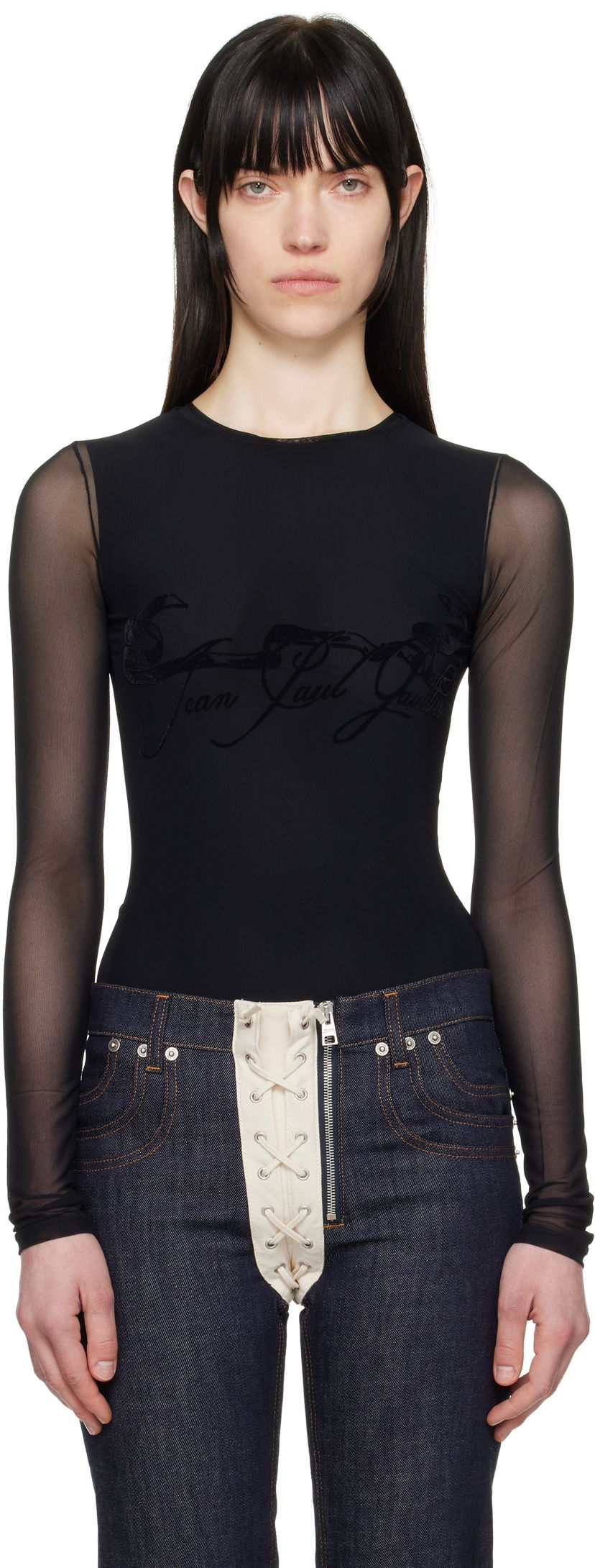 Krop Jean Paul Gaultier Jean Paul Gaultier Flocked Tattoo Ruban Mesh Long Sleeve T-Shirt Sort | 25/34-F-TO281I-T005-00