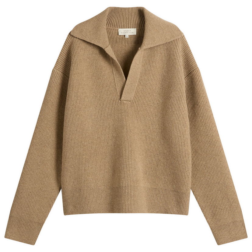 Sweater Studio Nicholson Studio Nicholson Rib Polo Collar Jumper, Size Large Beige | NASHSNM-1295-OAT