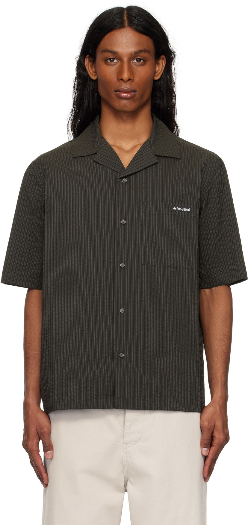 Skjorte MAISON KITSUNÉ Maison Kitsuné Resort Pinstripe Shirt Grøn | OM00421WC5032