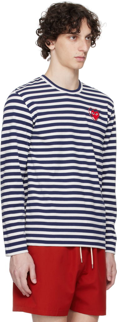 Sweater Comme des Garçons COMME des GARÇONS PLAY Striped Long Sleeve T-Shirt with Red Heart Emblem Mørkeblå | AX-T806-051, 4