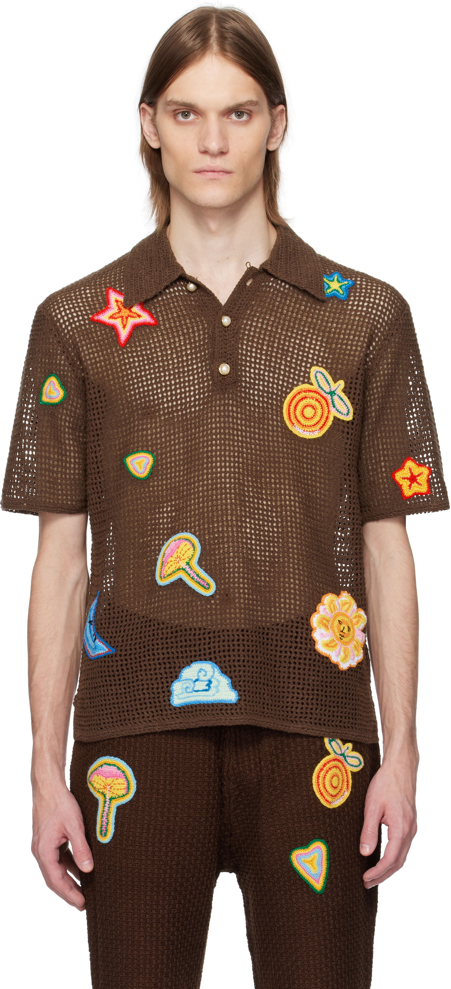 Polo skjorte Casablanca Casablanca Crochet Appliqué Polo Brun | MS25-KW-914-01, 0