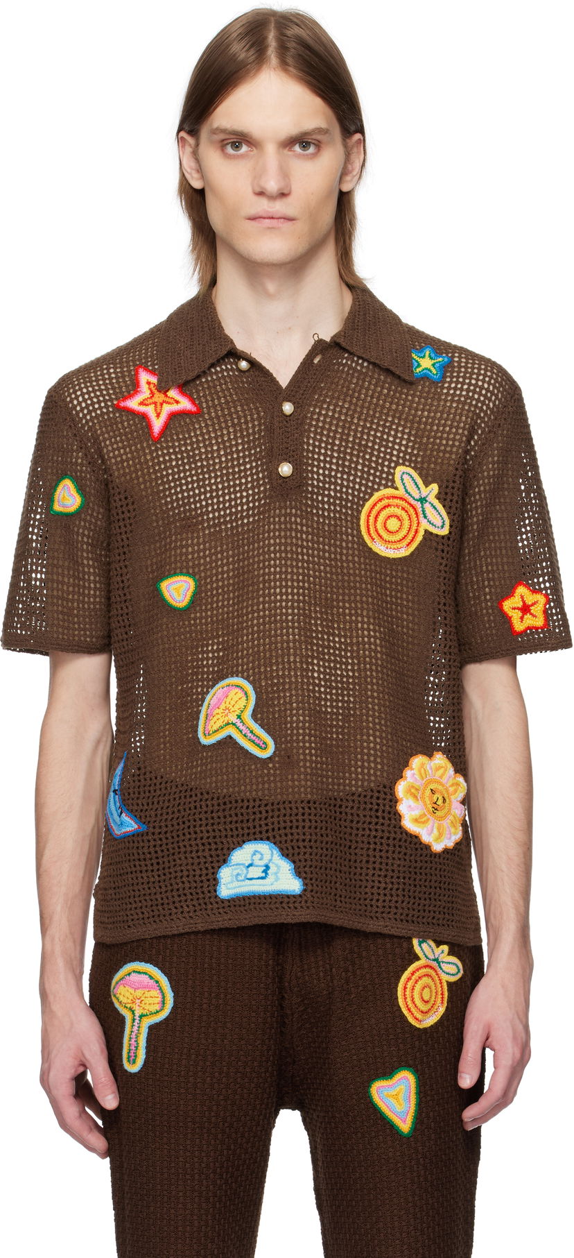 Polo skjorte Casablanca Casablanca Crochet Appliqué Polo Brun | MS25-KW-914-01