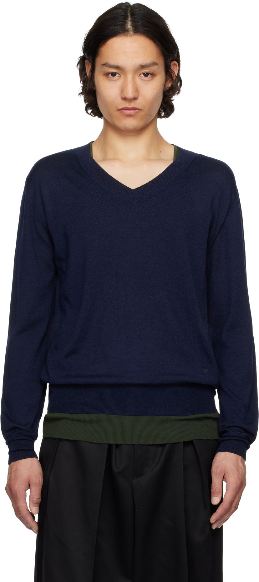 Sweater AMI AMI Paris V-Neck Wool Sweater Mørkeblå | HKS266.KN0066