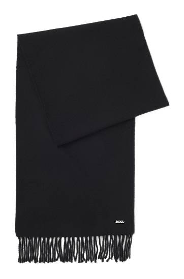 Tørklæde BOSS Fringed wool scarf with logo rivet Sort | 50517216, 0