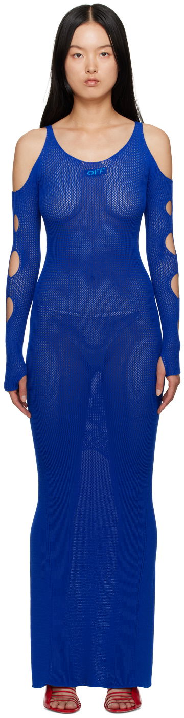 Kjole Off-White Blue Hole Net Maxi Dress Mørkeblå | OWHI087S23KNI0014540