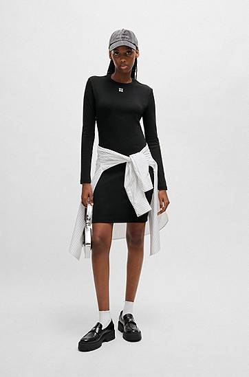 Kjole BOSS HUGO Ribbed Stretch Dress with Stacked Logo Sort | 50518385, 1