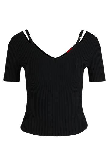 Sweater BOSS Ribbed Knit Top with Cutout Shoulders Sort | 50538223