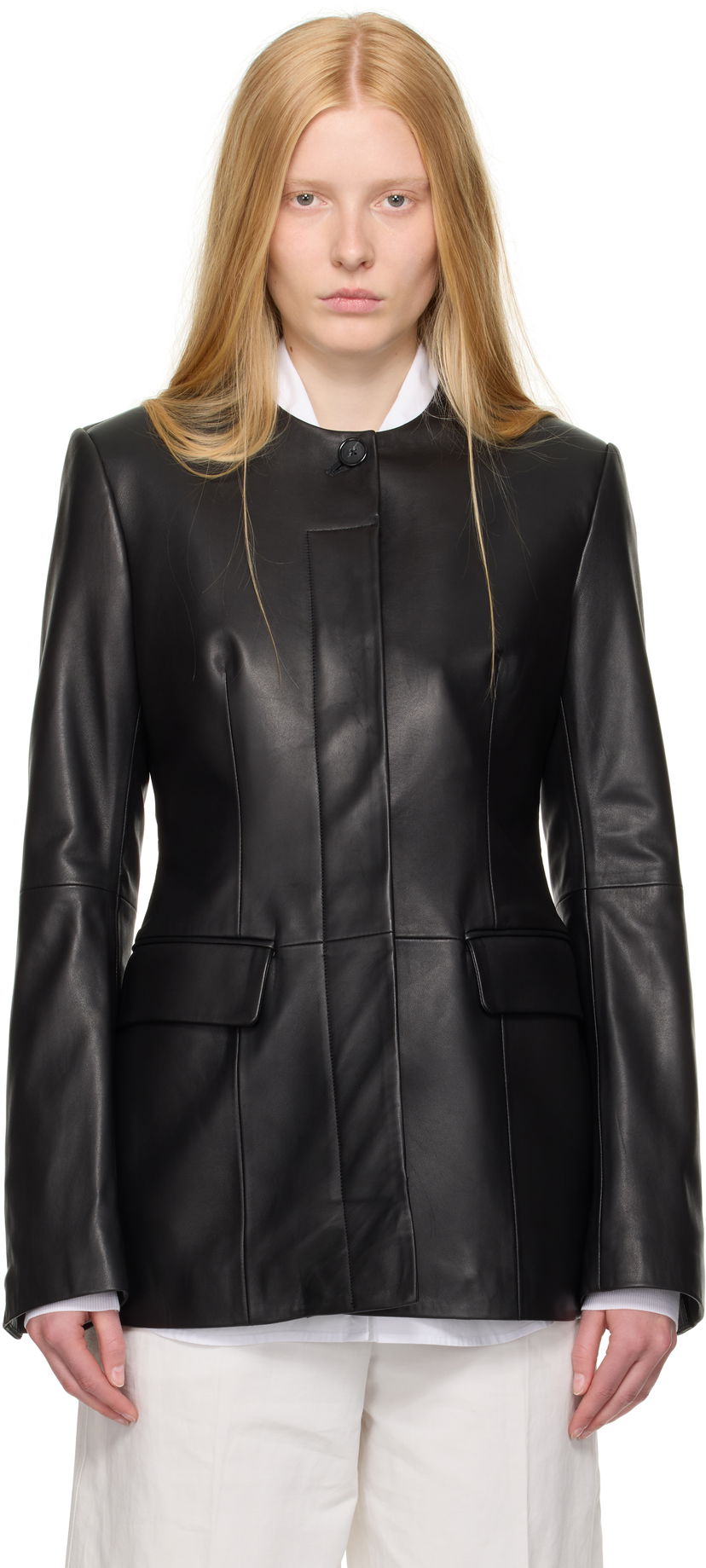 Jakke TOTEME TOTEME Collarless Leather Jacket Sort | 252-WRO0192-LE0127