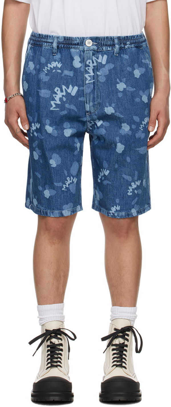 Shorts Marni Printed Denim Shorts Blå | PUJU0070I0 USCW08