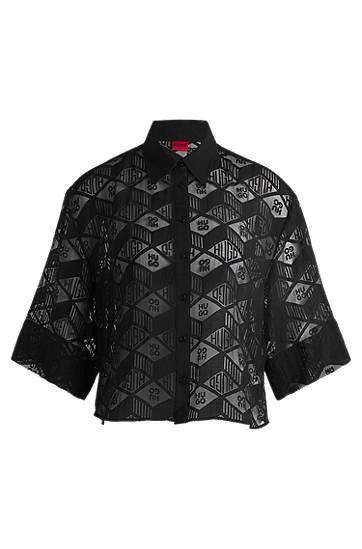 Skjorte BOSS HUGO Regular-Fit Chiffon Blouse with All-Over Logo Print Sort | 50538733