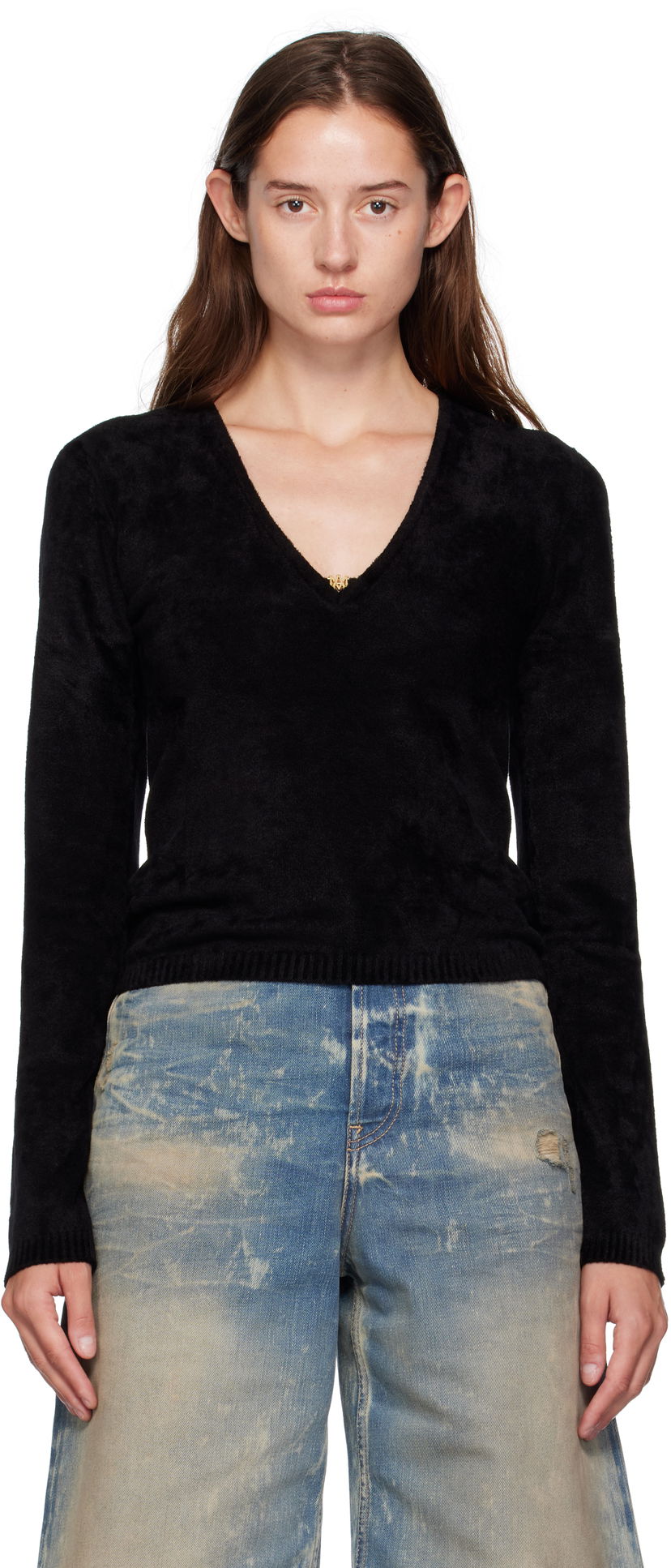 Sweater AMIRI AMIRI Velvet V-Neck Long Sleeve Top Sort | AWKNLS1008