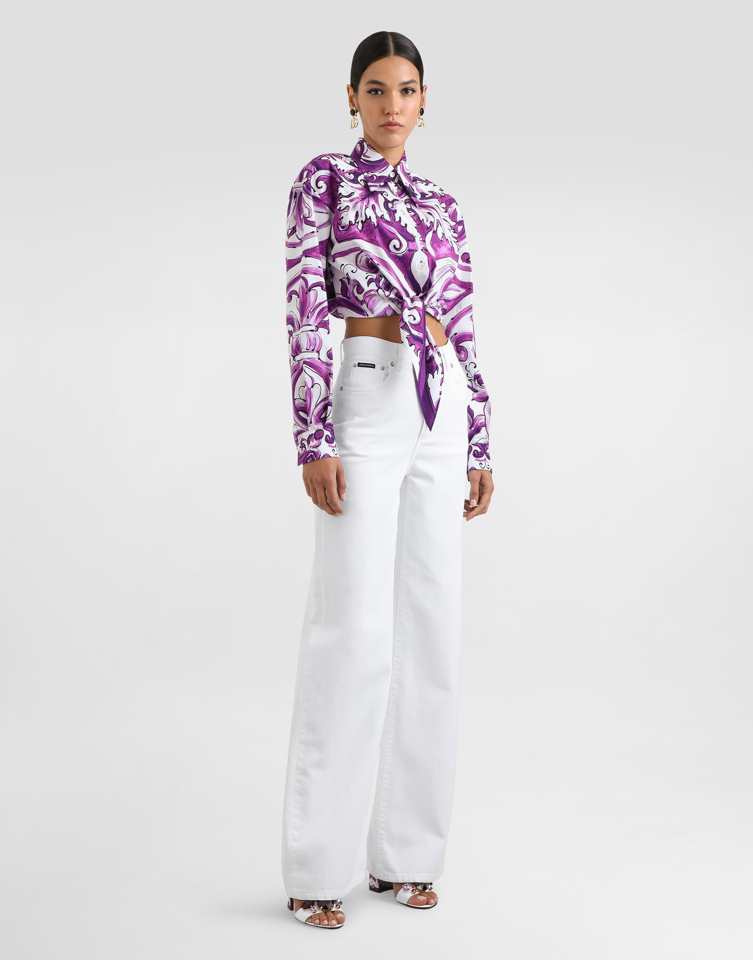 Skjorte Dolce & Gabbana Dolce & Gabbana Majolica-Print Tie-Front Poplin Shirt Lilla | F5T76TFI5JPHP5DQ, 1