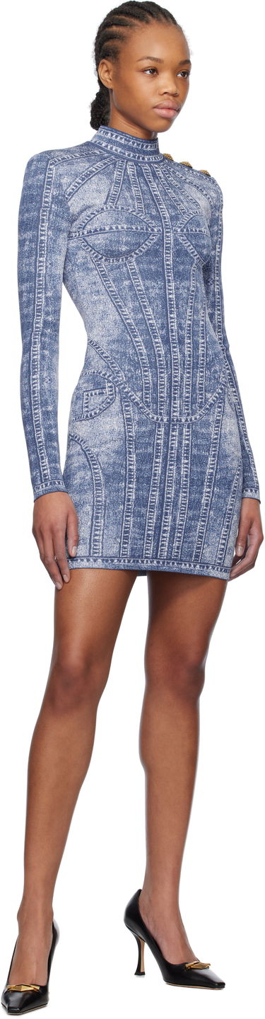 Kjole Balmain Balmain Jacquard Denim Effect Minidress Blå | EF1R8237KH80, 3