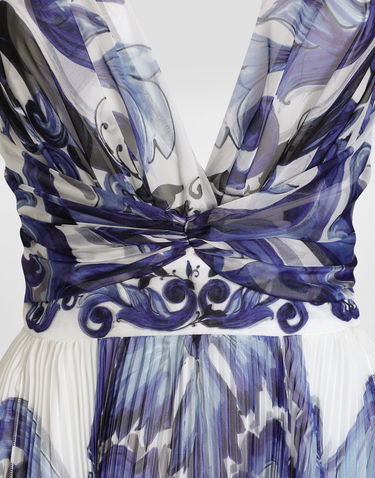 Kjole Dolce & Gabbana Dolce & Gabbana Majolica-Print Pleated Chiffon Dress Blå | I6KH6WFSSK7HX3TN, 2