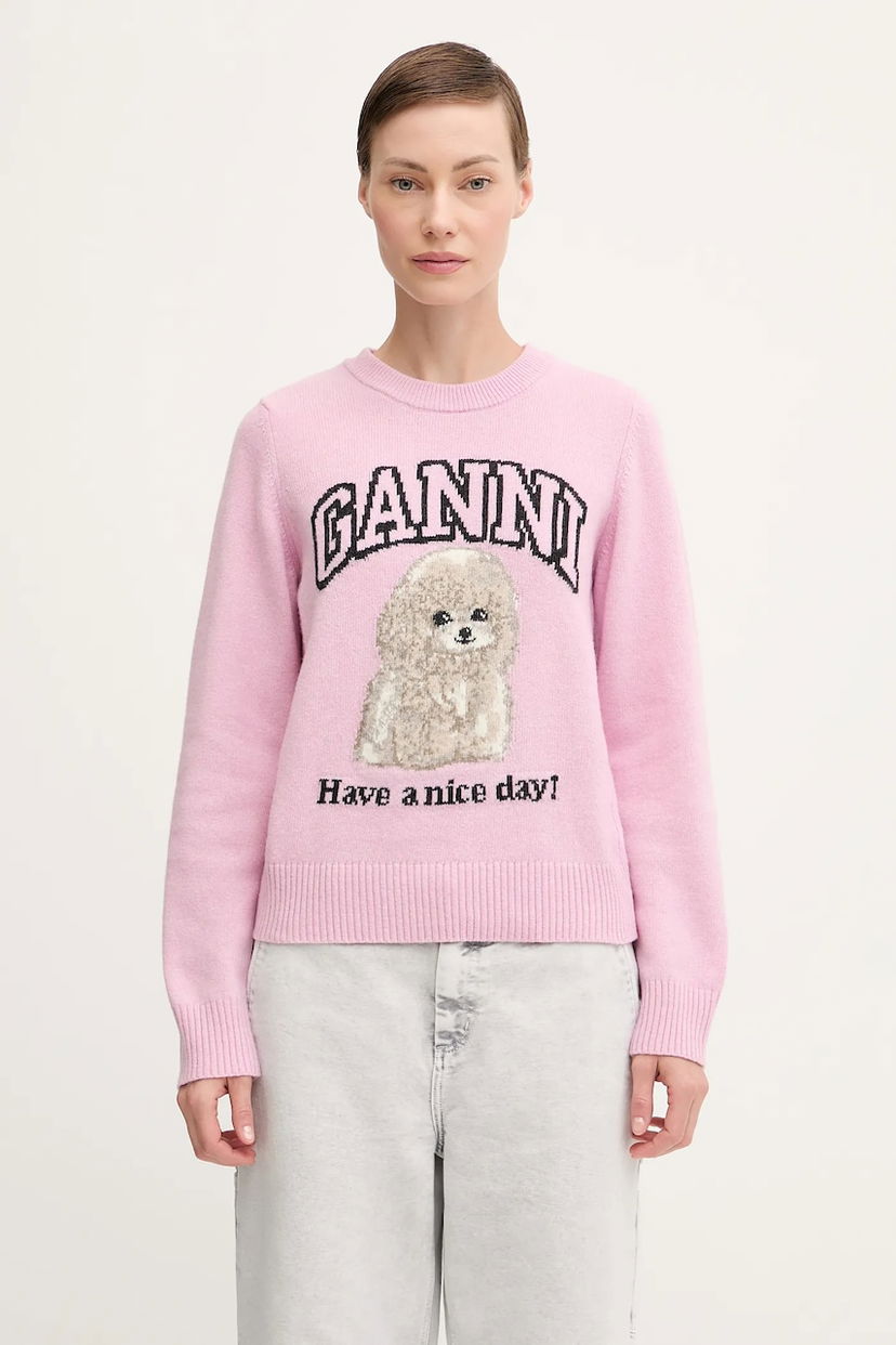 Sweater GANNI GANNI Graphic Wool Mix Poodle Sweater Lyserød | K2499
