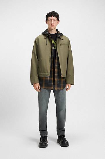 Skjorte BOSS Oversized-Fit Hooded Checked Overshirt Brun | 50545262, 1