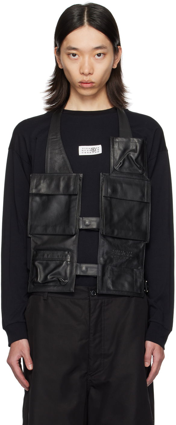 Vest Maison Margiela MM6 Black Pocket Leather Vest Sort | SH0FB0004 M07004