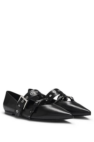 Tøj og tilbehør BOSS Nappa Leather Ballerina Pumps with Buckled Straps Sort | 50536400