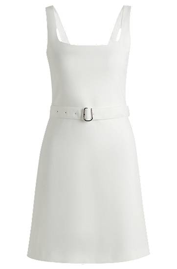 Kjole BOSS Square Neck Belted A-Line Dress Hvid | 50537631