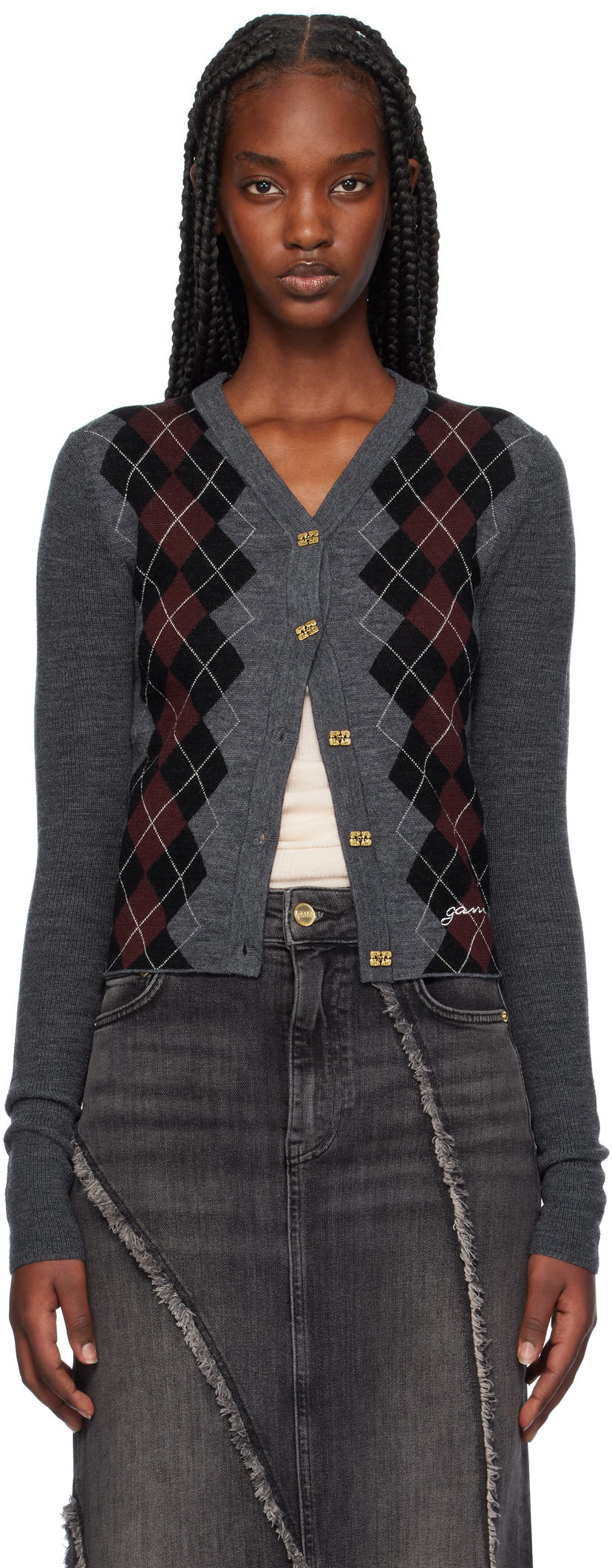 Sweater GANNI Argyle Jacquard Knit Cardigan Grå | K2284