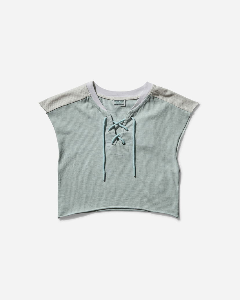 Crop top GUESS Piqué Mesh Lace-Up Crop Top Grøn | W5GP02KCPJ0 F8S6