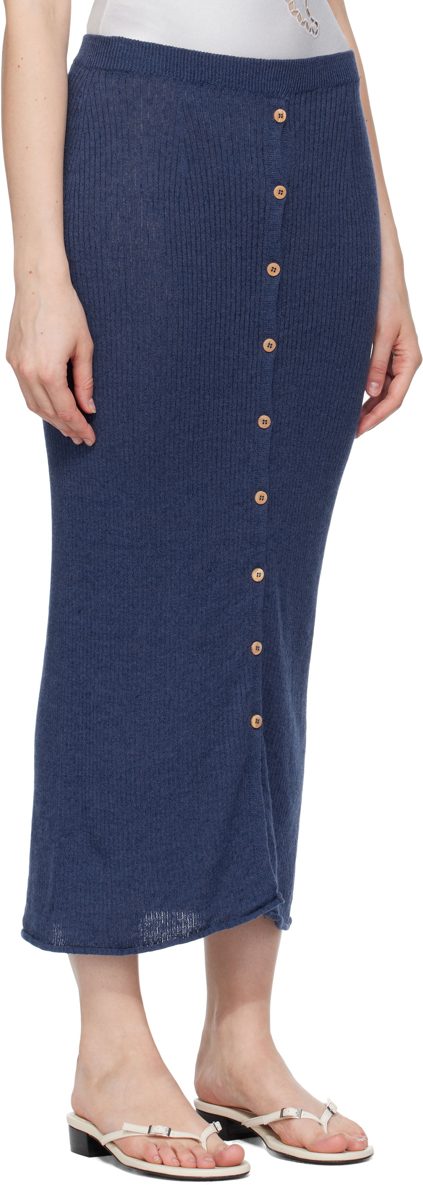 Nederdel Baserange Baserange Ribbed Knit Midi Skirt with Button Closure Mørkeblå | SKDR-LI-SU25, 1