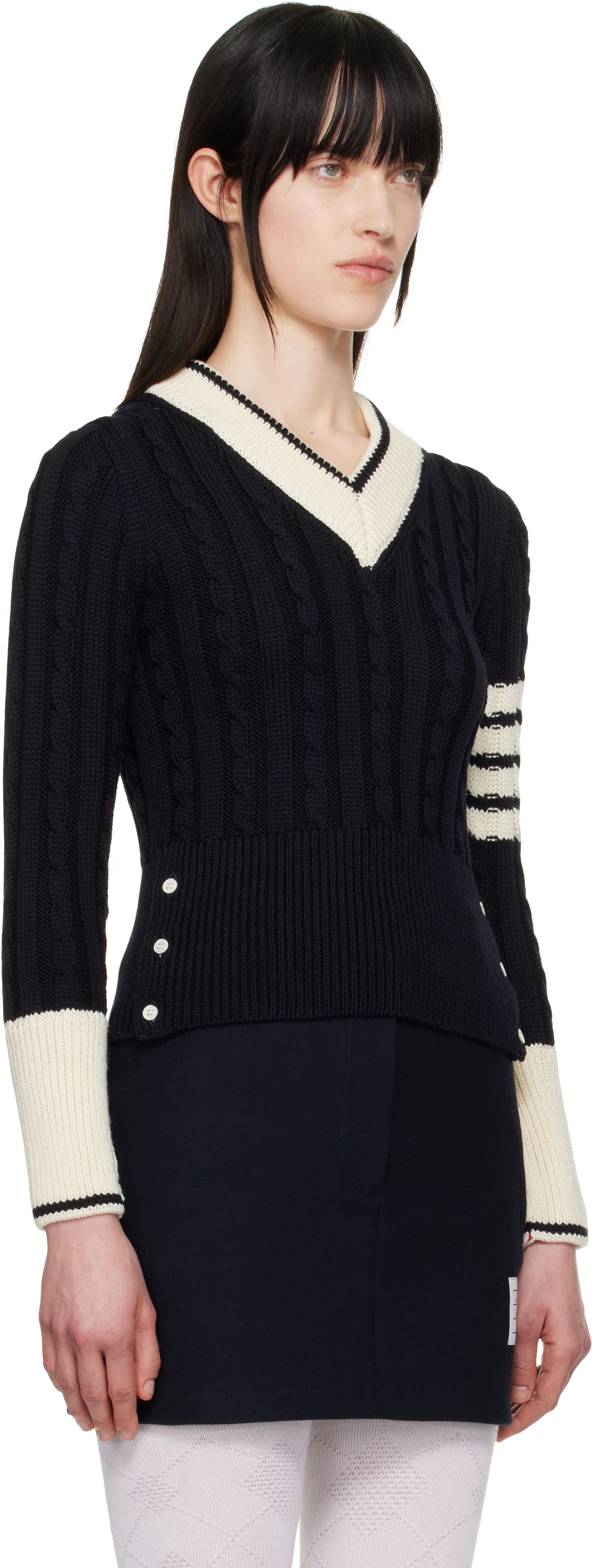 Sweater Thom Browne Thom Browne Classic Merino Wool V-Neck Sweater Mørkeblå | FKA484A-Y1024, 1