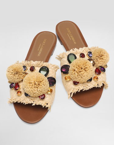 Tilbehør Dolce & Gabbana Dolce & Gabbana Braided Fringed Raffia Slide Sandals with Pompoms and Jewels Beige | CQ0648AM4478B139, 3