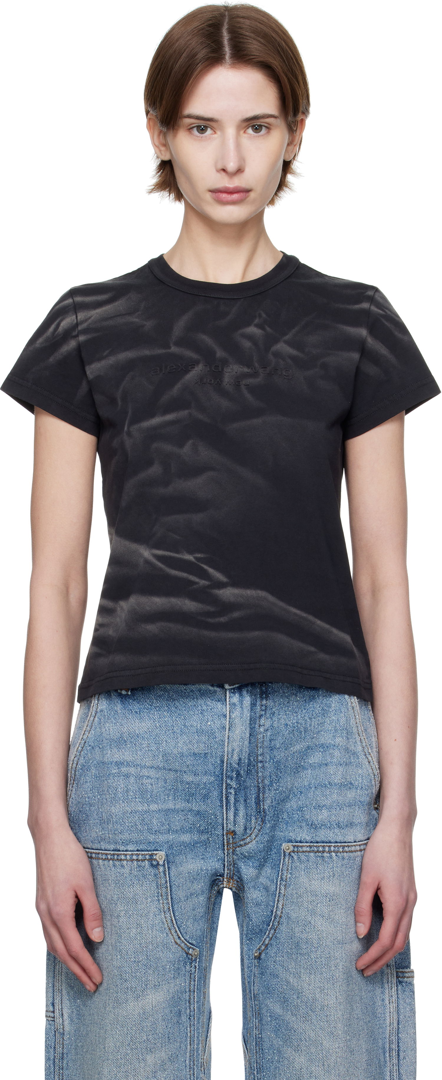 T-shirt Alexander Wang Alexander Wang Distressed Logo Shrunken T-Shirt Sort | 1CC1251990, 0