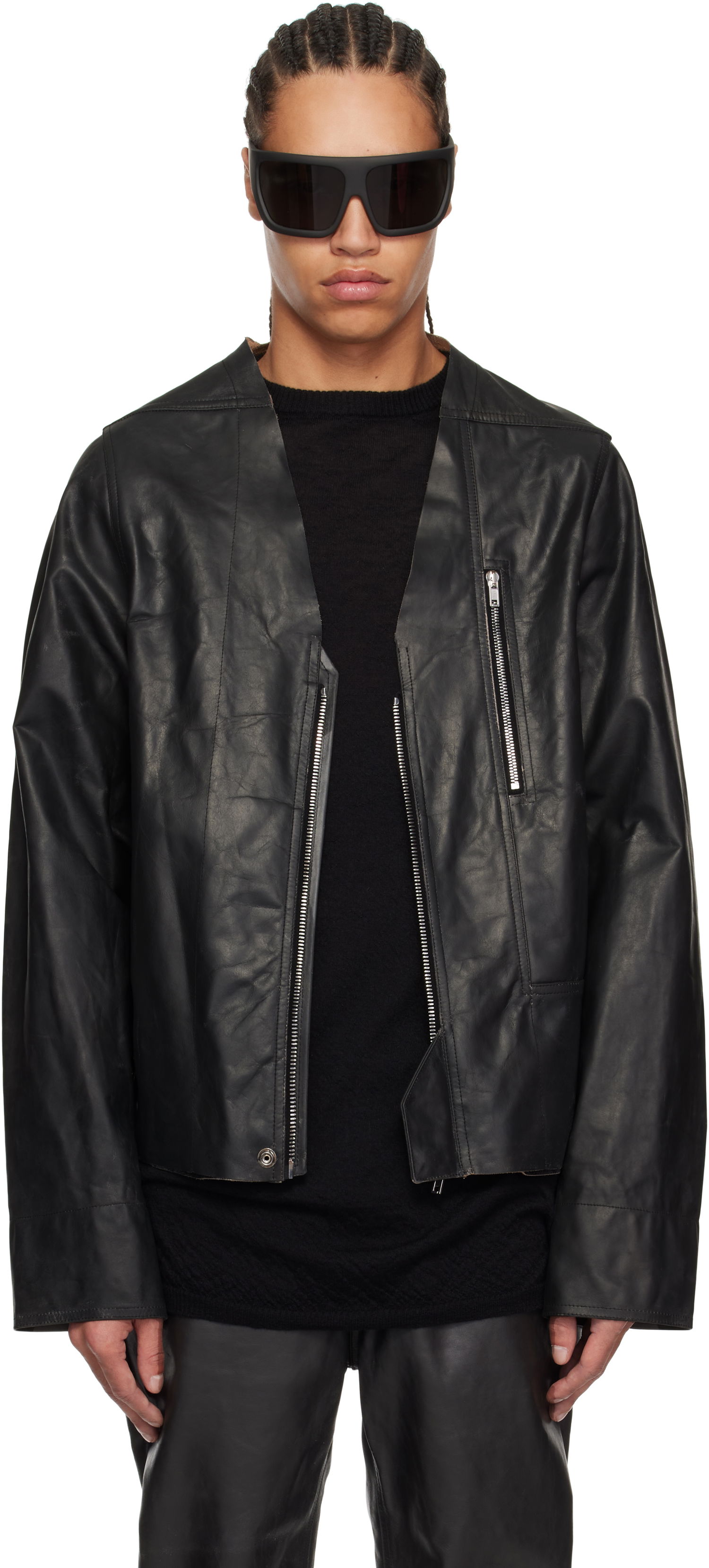 Jakke Rick Owens Rick Owens Hollywood V Safety Leather Jacket Sort | RU01E5775 LTP, 0